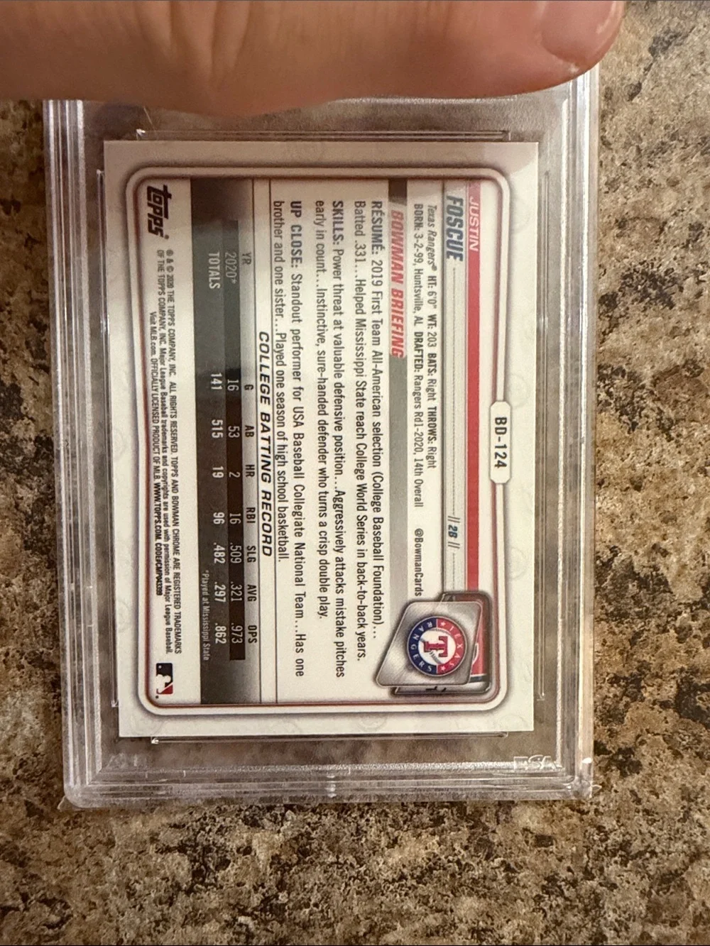 2020 Bowman Chrome Sapphire Justin Foscue PSA Graded 10